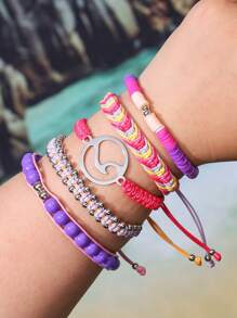 4 szt./5 szt. Bohemian Zinc Alloy Resin Shell & Faux Pearl CCB Ocean Elements Palm Tree, Wave, Turtle, Sunflower, Lucky Clover Tassel Handmade Woven Bracelet Set, Odpowiedni dla kobiet, do codziennego noszenia, letni prezent na wakacje na plaży