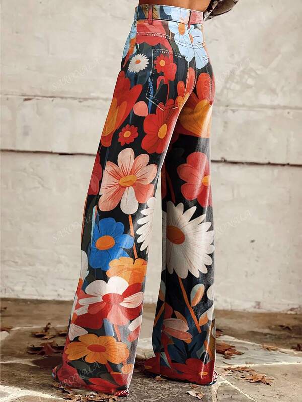 Pantalones anchos casuales, de ajuste holgado y estampado retro creativos, perfectos para el uso diario
