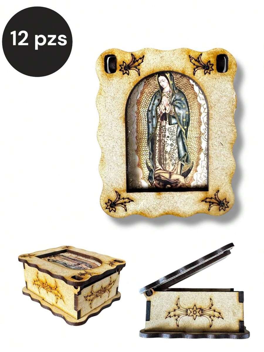Paquete de hermosas cajas de madera de la "Virgen de Guadalupe" ideal para recuerdos en XV años, Bodas, Cumpleaños, Aniversario, Primera comunión, Bautizo, Bienvenida bebe, - 12 pzs - Ver 1
