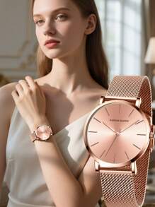 1 pezzo Orologio da polso da donna color oro rosa, movimento giapponese, cinturino in maglia di acciaio inossidabile, stile minimalista ed elegante, adatto per uso quotidiano e come regalo