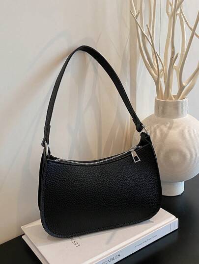 1pc Black PU Leather Grain Smooth Zipper Solid Color Casual Chic Underarm One Shoulder Baguette Bag, Suitable For Women's Daily Use
