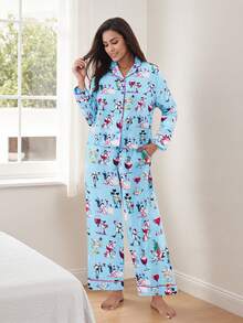 Womens 2 Piece Christmas Pajama Set Long Sleeve Snowman Print Button Up Shirt + Pants Set Winter Sleepwear - Sky Blue - View 3