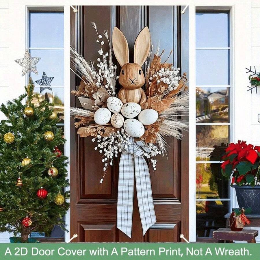 1pc Spring Party-Themed 2D Banner, A Lively Choice! Easter-Themed 2D Door Decor With Cute Wooden Bunny & Eggs, Surrounded By Straw Wreath And Plaid Ribbon, Creating A Warm Holiday Vibe, Unique Design To Refresh Your Home