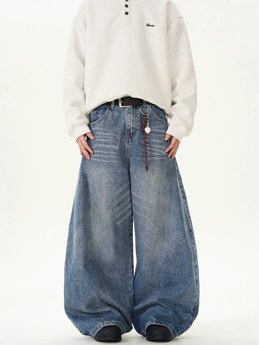 1 件复古水洗宽松做旧阔腿男友牛仔裤，休闲中性设计 - 淺藍色 - 查看 1