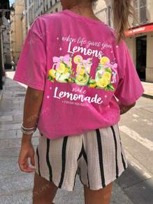 Summer Beach Vacation Printed T-Shirt, When Life Gives You Lemons Funny Lemonade T-Shirt, Vintage Floral Lemon Print Women Round Neck Short Sleeve T-Shirt, Casual Must-Have With Fashionable Holiday Vibe, Spring/Summer