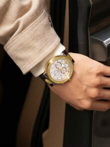 Versace Men's Brown Leather Strap Chronograph Watch Business Luxury Analog Quartz Watch For Men With Auto Date Dial And 5ATM Waterproof,VEPY00220