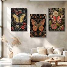 3pcs Vintage Butterfly Wall Arts Canvas Posters, Flower Art Printing, HD Printing Optional Frame, Home Decoration Hanging Painting ,Wall Art With Frame