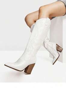 女式牛仔靴，舒适拉链粗跟尖头刺绣西部牛仔及膝靴