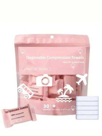 30片装便携式一次性纸巾，糖果包装压缩纸巾，无香型便携式压缩纸巾，加厚加大一次性面巾纸。适用于旅行、露营、出差、户外活动和日常卸妆。