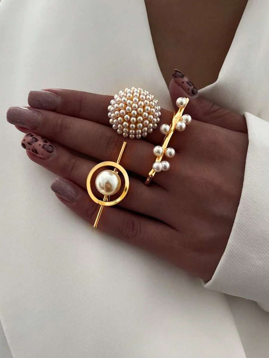 1/3pcs Asymmetrical Geometric Pearl Ring,Daily Wear,Jewelry For Women Gift - Multicolor - View 1