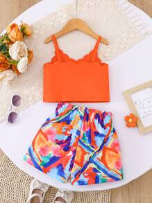 Set de 2 piezas para niñas: Camiseta sin hombros naranja casual y shorts con estampado colorido con moño, apropiado para fiesta, tiempo libre, vacaciones, hogar y exterior, verano