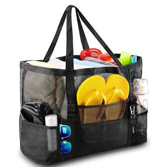 1PC Mesh Beach Bag - Large Tote Bag With Zipper For Family, Toys & Vacation Essentials