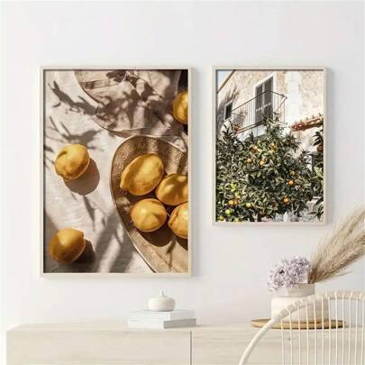 1 pieza/2 piezas Decoración de pared arte del jardín de limones Pósteres modernos Impresiones de lienzo paisaje encáustico Pinturas minimalistas para decoración de sala de estar, dormitorio, hogar, oficina, dormitorio, diseño de fondo de pared Imagen enmarcada/sin marco