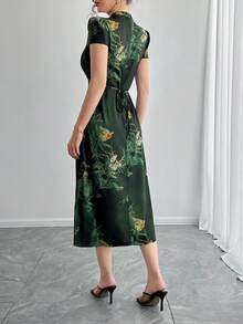 女士旗袍连衣裙，中式领，后拉链，系带腰部，花卉印花，中长款，中国风，民族风，短袖，夏季度假、聚会、节日连衣裙 - 綠色 - 查看 3