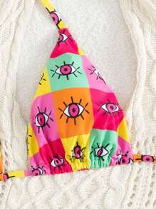 2 piezas Traje de baño de bikini con estampado de cuadros sencillos, con cuello halter, lazada ajustable en la espalda y cintura, para el verano
