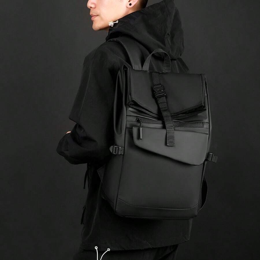 1pc Men's Business Backpack, Large Capacity, PU Leather - Black - View 1