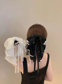 1pc Women Fairy Style Ribbon Bow Hairclip (Random Faux Pearls), Romantic Mori Style Hair Accessory Clip For Partial Updo,Hair Accessories,Hair Claw,Claw Clips,Hair Clutch,Hair Jaw Clip