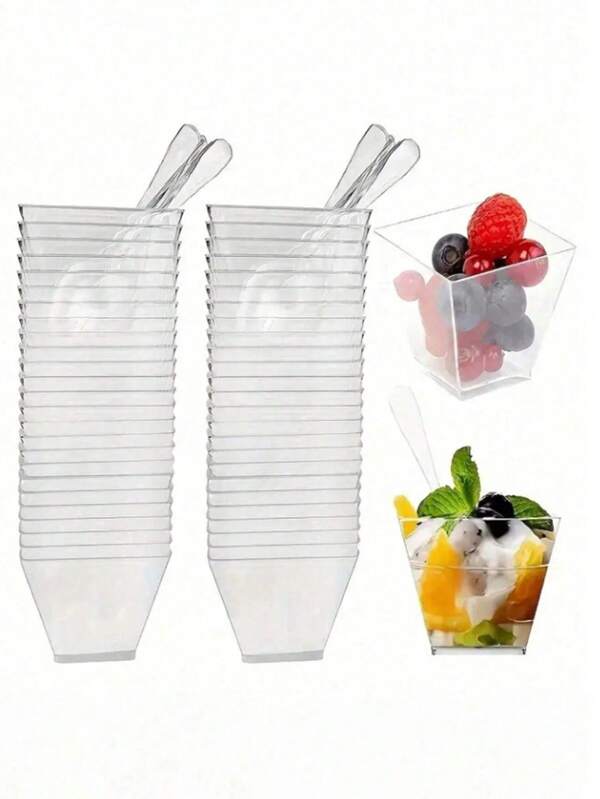 100pcs/40pcsCup Spoon Set50pcs/20pcs Transparent Plastic Dessert Cups And 50pcs/20pcs Transparent Plastic Dessert Spoon, Reusable Mini Dessert Cups, Party Supplies, Mousse Cake Cups, Pudding Cups, Wooden Bran Cup Jelly Cup Naixibei,Party Supplies, Outdoor Travel And Picnics