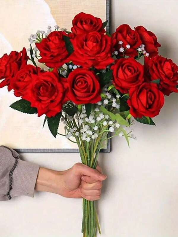 Set de 6 piezas/15 piezas de rosas rojas artificiales, ramilletes de novia con rosas realistas de terciopelo, flores falsas aptas para arreglos florales, decoración, regalos del Día de San Valentín, decoración de la boda, fiestas, cumpleaños, interiores, exteriores, floreros, ramos hechos a mano, ramos de boda DIY