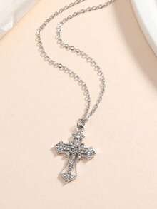 1pc Simple Rhinestone & Faux Pearl Inlaid Cross Pendant Stainless Steel Chain Necklace For Women And Men, Daily Wear - Gold - View 1