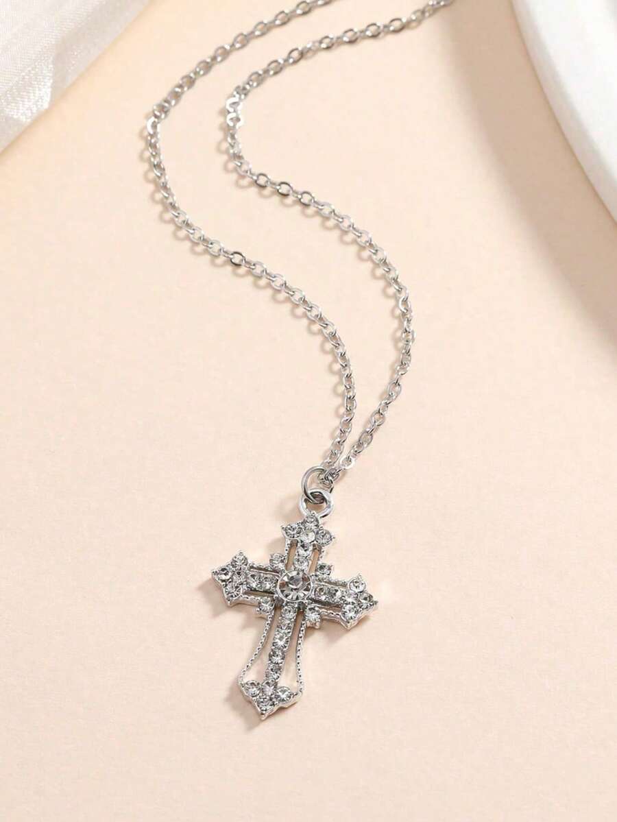 1pc Simple Rhinestone & Faux Pearl Inlaid Cross Pendant Stainless Steel Chain Necklace For Women And Men, Daily Wear - Gold - View 1