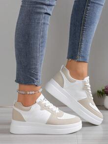 女士厚底运动鞋，春秋新款休闲增高小白鞋，时尚百搭学生系带白色户外旅行鞋 - 卡其 - 查看 5