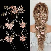 Elegant Vintage 5pcs Pearl & Rhinestone Hairpin Set - U-Shaped Bridal Hair Accessories With Handcrafted Beaded Leaf Design