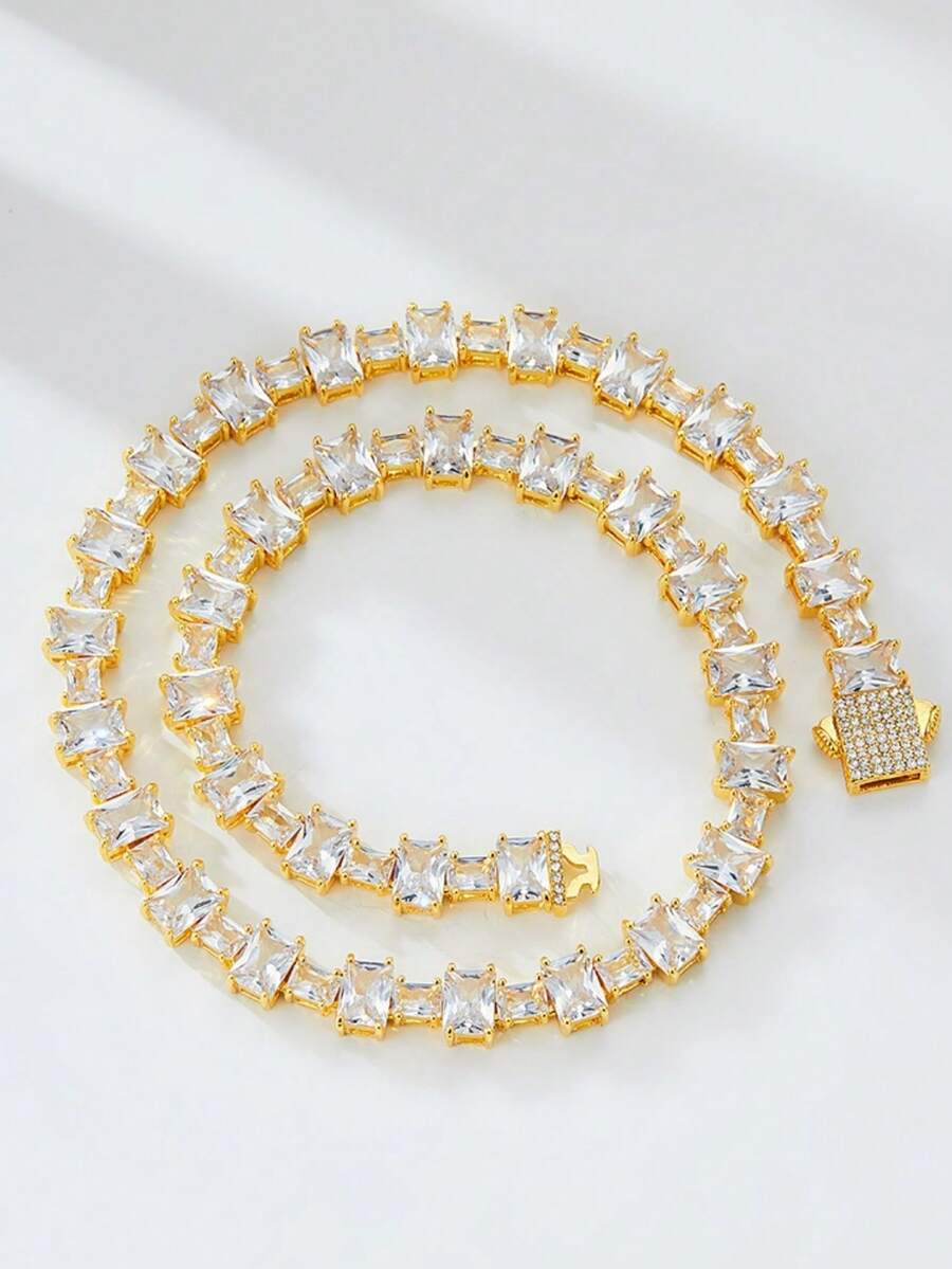1pc Hip Hop Style Square Crystal Rhinestone Tennis Chain Necklace With Spring Clasp For Women - Block Chain - View 1