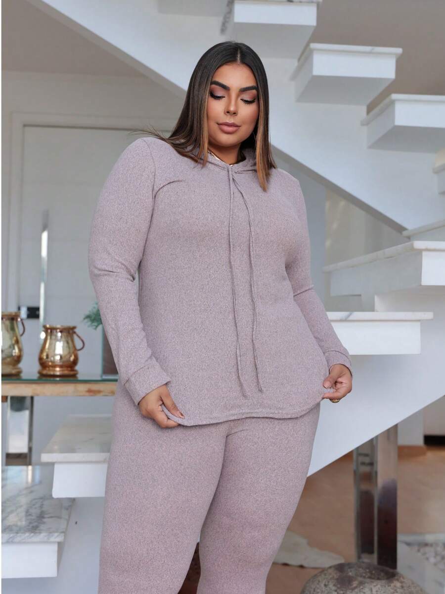 Women's Winter Plus Size Set, With Hat, Lighter And More Comfortable Fabric, Slit On The Sides, Stylish And Casual Look, Women's Fashion, Cold, Night. - 藕粉色 - 查看 1