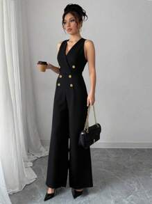 Tuta elegante estiva da donna, di colore tinta unita, senza maniche, con chiusura con chiusura lampo e bottoni, tuta casual larga, adatta per l'uso quotidiano