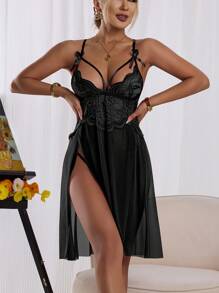 2pcs Sexy Women Lace Splice Spaghetti Strap Sleepwear Suit, Suitable For Romantic Dates And Special Occasions