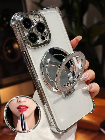 Luxury Electroplated Clear Phone Case With Makeup Mirror Stand, Ring Magnetic Stand Holder, Drop-Resistant, Anti-Drop,Silicone Shockproof Soft Cover Compatible With IPhone 16/16e/16 Pro/16 Pro Max/16 Plus/15/14/13/12/11/X/XS/XR/8/7, Galaxy S25/S24/S23/S22/S21/A55/A54/A53/A52/A35/A34/A23/A16/A15/A14/A13/A12/A05S/FE/Ultra/4G/5G, And For Redmi/Honor/MOTO/OPPO/Infinix