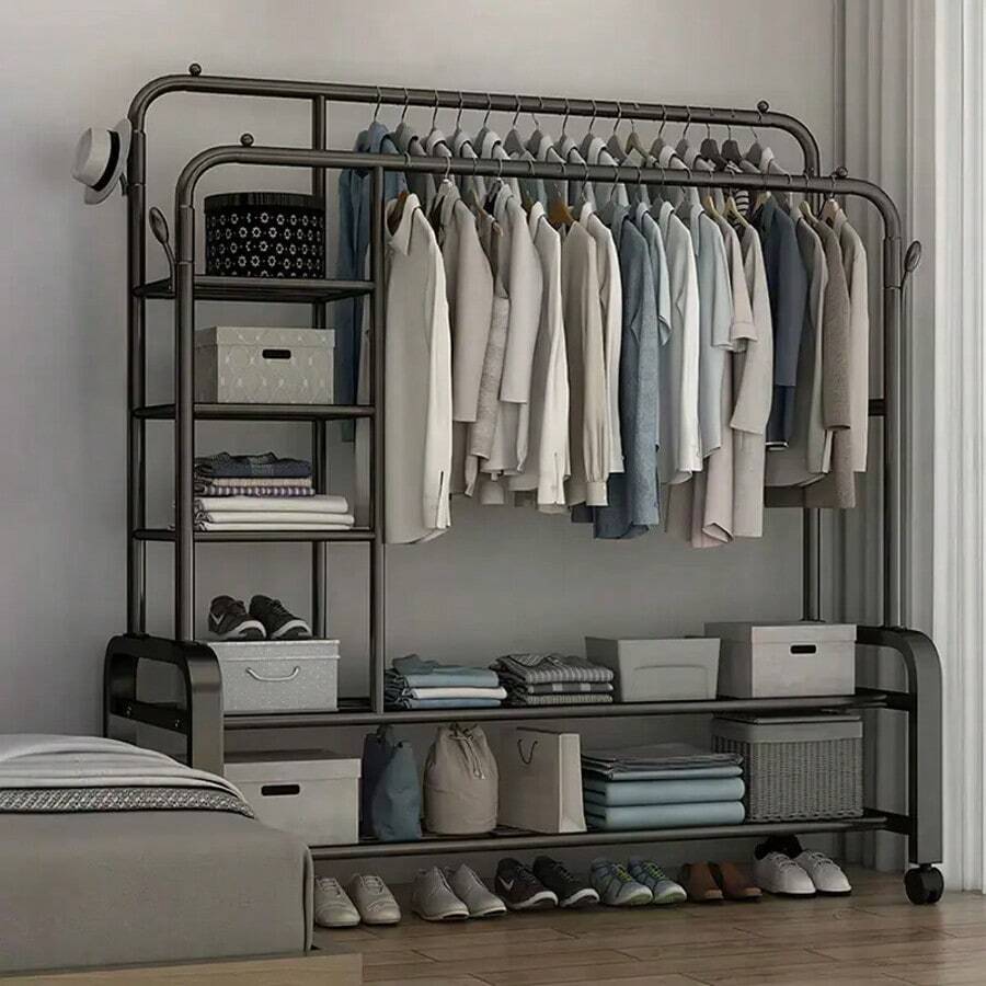 Heavy Duty Clothes Rail, Sturdy Black Metal Rack With Double Hanging Clothing Shoe Rack, Storage Shelves & 4 Coat Hooks, Freestanding Rails For Bedroom, Office, Shop - Hitam - View 1