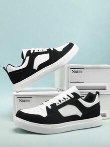 WANWEISI Men's Anti-Slip Lychee Embossed Letter Graphic Patchwork Lace-Up Sports Shoes, Outdoor Sports Skateboard Shoes - Men's Tennis - Black and White - View 5