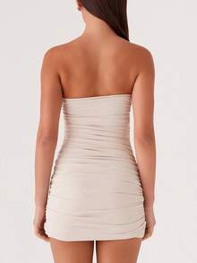 Womens Boho Floral Tube Strapless Mini Bodycon Dress Y2k Ruched Backless Ruffle Bandeau Short Dresses Summer Club Party Night Sundress - Beige - View 2