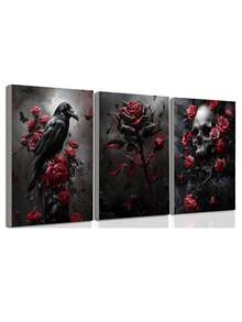 3 件复古乌鸦、玫瑰、骷髅、鲜血、复古哥特式美学艺术油画海报、卧室墙壁艺术、客厅墙壁装饰、餐厅墙壁装饰、厨房装饰、书房、走廊、宿舍装饰、送给朋友的理想礼物、墙壁艺术、墙壁装饰、家居装饰、房间装饰帆布画、海报、可选框架 - 彩色 - 查看 7