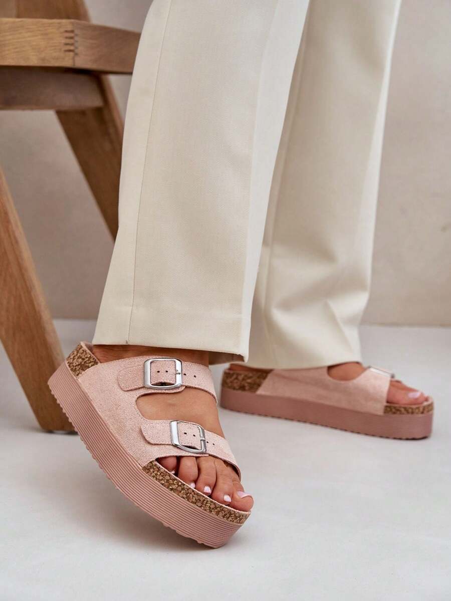 Sandálias femininas casuais com solado grosso e fivela - Rosa - Ver 1