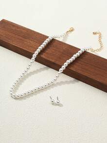 1 Set Pearl Necklace & Earrings Jewelry Set, Vacation Style - White - View 2