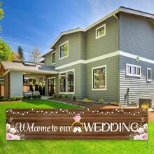 1pc Rustic Wooden Welcome To Our Wedding Banner, Polyester, Indoor & Outdoor Decor, Multi-Purpose, Festive Garden & Lawn Decoration, No Power Needed Party Banner