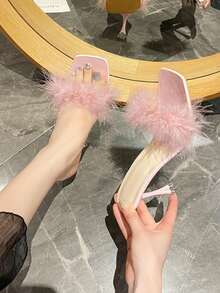 Women's Fluffy Feather Stiletto Heel Open Toe Sandals, Spring/Summer New Arrivals - Pink - View 6