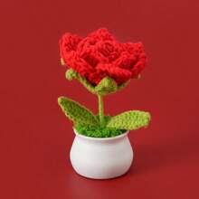 1pc Handmade Crochet Woolen Rose Flower, Artificial Potted Plant Decor, Everlasting Flower Desktop Ornament, Valentine's Gift For Women, Creative Scandinavian Handmade Flower, Mother's Day Handcraft Present, Car And Office Decoration