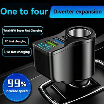 1pc Black 4-In-1 USB+ C Car Charger, Multi-USB Car Adapter, Socket Distributor With 2 USB Ports, 12V/24V Dual USB Plus Type- C PD Fast Car Charger Adapter, Suitable For Various Mobile Phone Charging