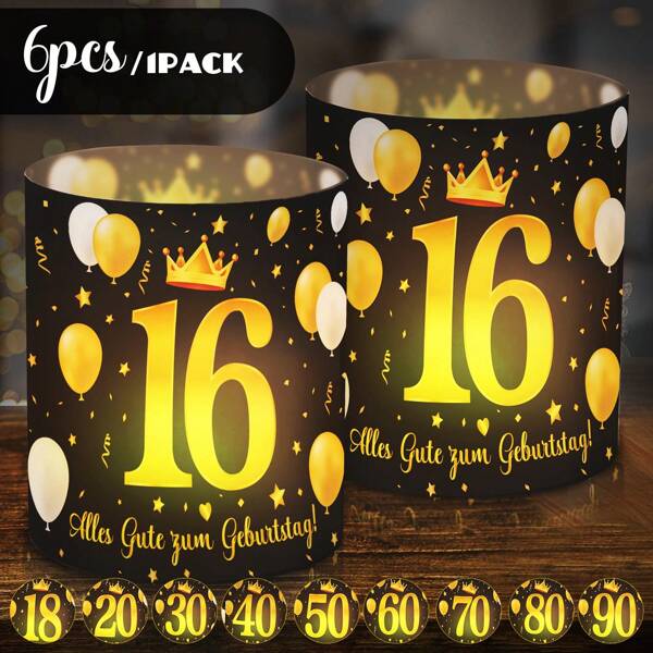 Set Of 6 Black Gold Crown Element Table Decoration Lampshades 16, 18, 20, 30, 40, 50, 60, 70, 80, 90 For Birthday Party | The Bottom Reads "Happy Birthday!", Suitable For Tea Lamps Or Candle Holders