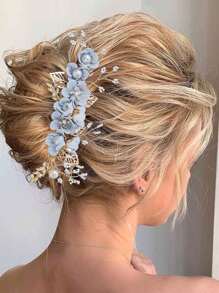 3 Stücke Braut Hochzeitskopfschmuck, blauer Blumen Haarkamm, perlenbestickter Strass Samt Blumen Haarschmuck für Braut