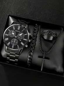 4-Piece Men's Luxury Gift Set: Stainless Steel Quartz Watch, Cross Pendant Necklace, Bracelet And Ring, Perfect Business & Casual Accessories - Ideal Gift For Him