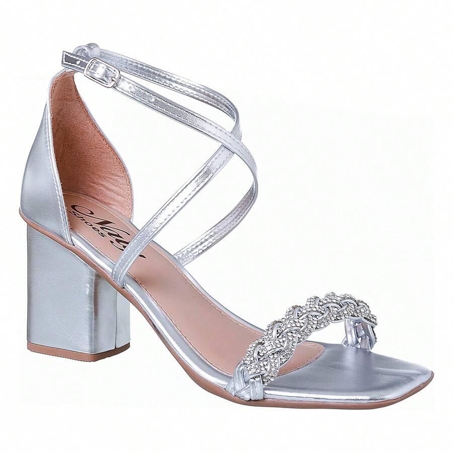 Women's Sandals High Heel Thick Casual Rhinestone Closed Back Braided Stones - Silver - View 1