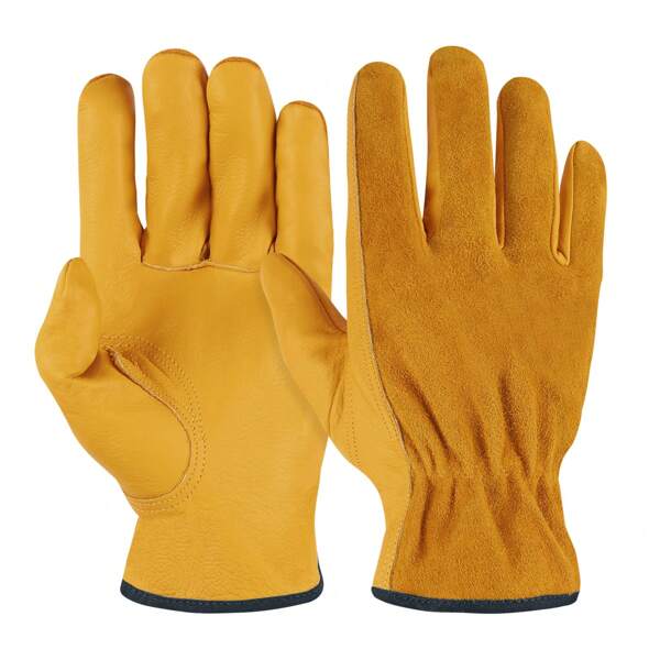 Guantes de trabajo de piel de vaca de alta resistencia para hombres y mujeres - Guantes de jardinería resistentes a la perforación con agarre antideslizante, forro transpirable para la granja, la construcción, el manejo de madera