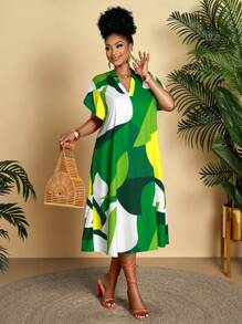 Summer Plus Plus Plus Size Women's Daily Leisure And Comfortable Vacation Geometric Print Small Stand Collar V-Neck Ruffle Sleeves Short Sleeved H-Shaped Loose Medium Long Dress (Random Pattern)