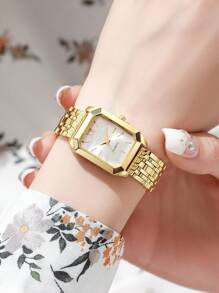 1 pièce Montre à quartz de mode pour femmes avec cadran carré simple gradué, boîtier plaqué or de haute qualité, bracelet en acier inoxydable, convient pour un cadeau d'anniversaire, d'anniversaire de mariage ou de fête des mères