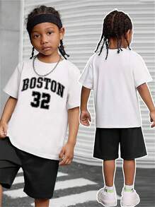 Tenue d'été décontractée pour garçons - T-shirt imprimé lettres et shorts, tissu mélangé élastane, lavable en machine, convient pour le port extérieur